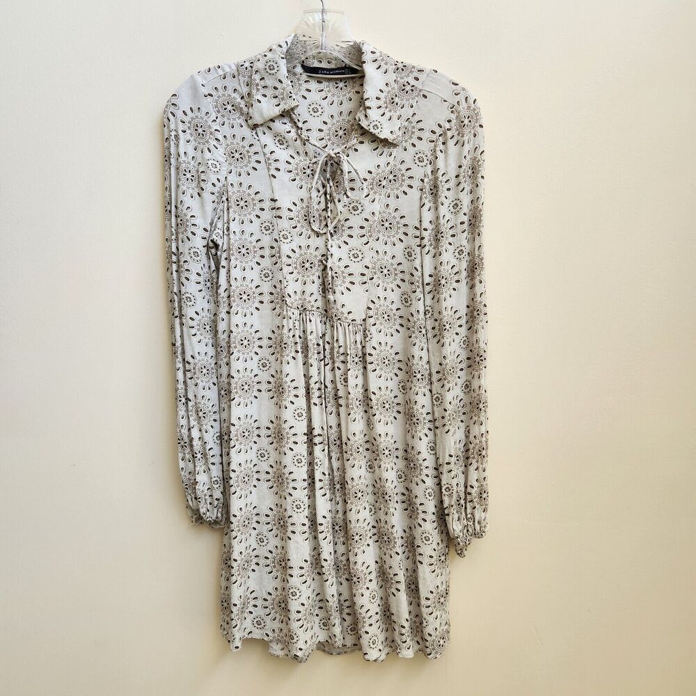 Zara Women Dress Women's S Oyster Eyelet Print Lace Up Mini Smocked Boho Chic